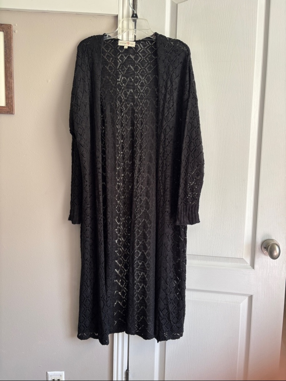 Long Open-Knit Black Cardigan Sweater - Women